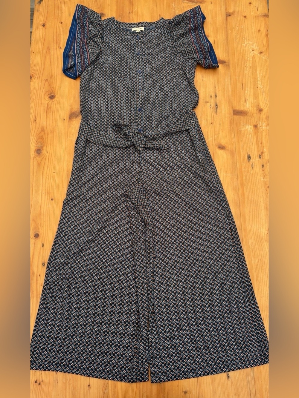 Max Studio Navy Printed Short-Sleeve Tie-Waist Jumpsuit